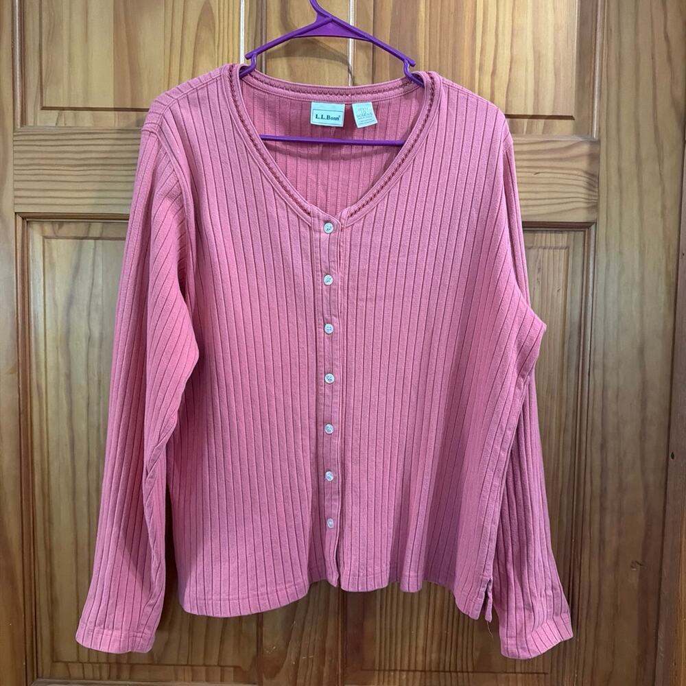 Vintage L.L.Bean Pink Ribbed Button-Up Knit Top Size Large